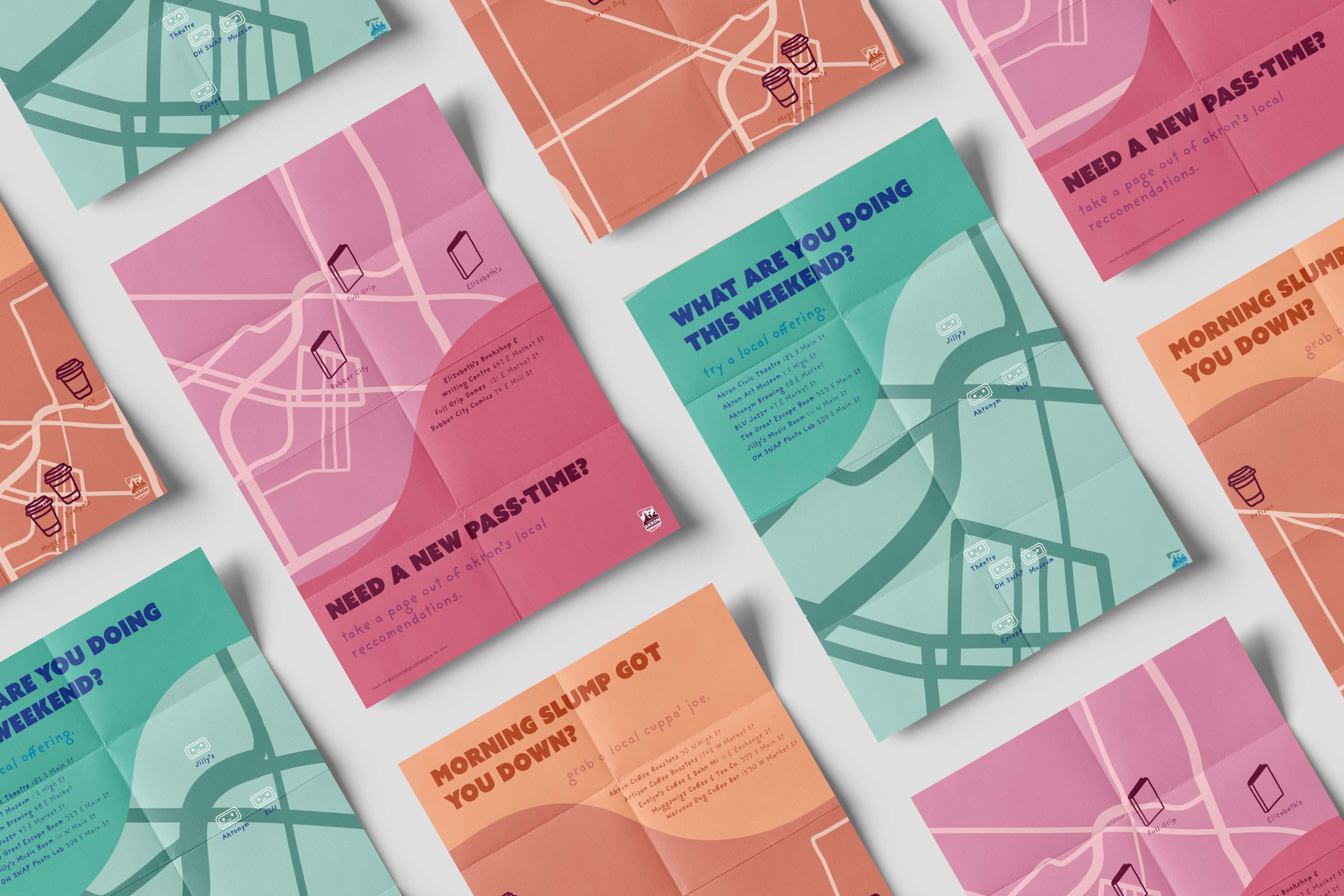 mockup of brightly colored maps for a shop local campaign featuring different business types